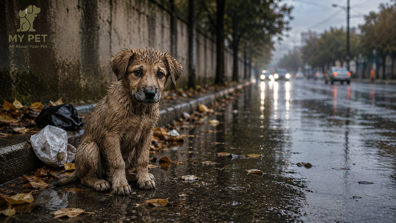 سگ بی‌سرپرست و خیس در کنار خیابانی بارانی، با پس‌زمینه‌ای شهری و خودروهای عبوری؛ تصویری احساسی و واقع‌گرایانه که سختی‌های رهاسازی حیوانات خانگی و خطرات زندگی در خیابان را نشان می‌دهد. لوگوی رسمی MY PET در گوشه بالای سمت چپ قرار گرفته است.